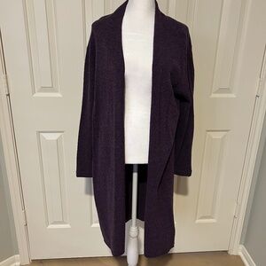 Eileen Fisher Dark Purple Italian Yarn Long Open Cardigan Size L Wool Blend!